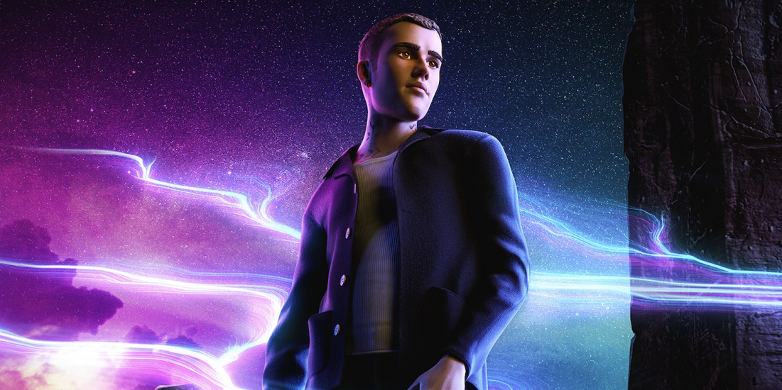 Justin Bieber als Avatar schwebt durch das Universum im Metaverse