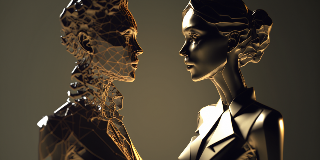 Zwei Goldene Avatare stehen sich gegenüber, ein rampunierter männlicher Avatar schaut einer schönen, weiblichen Figur in die Augen