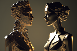 Zwei Goldene Avatare stehen sich gegenüber, ein rampunierter männlicher Avatar schaut einer schönen, weiblichen Figur in die Augen