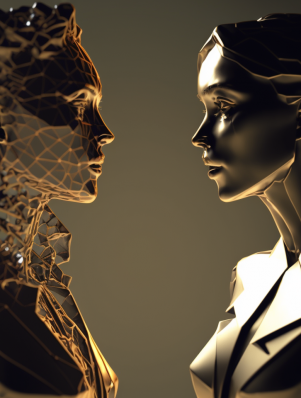 Zwei Goldene Avatare stehen sich gegenüber, ein rampunierter männlicher Avatar schaut einer schönen, weiblichen Figur in die Augen