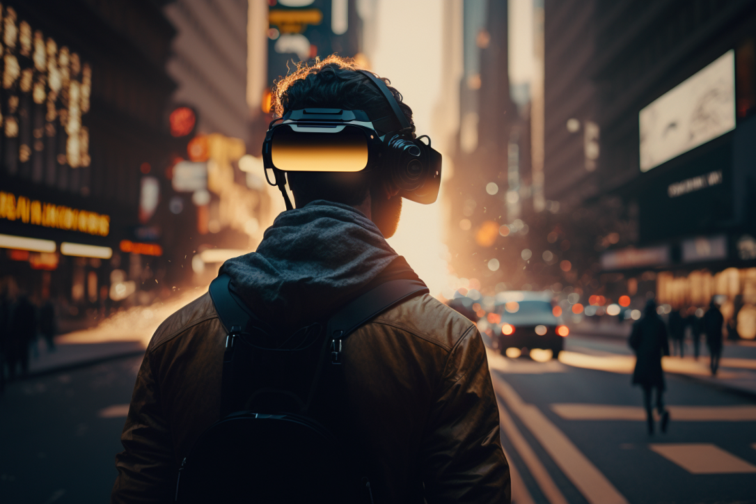 Junge mit Augmented Reality Glasses auf den Straßen von New York