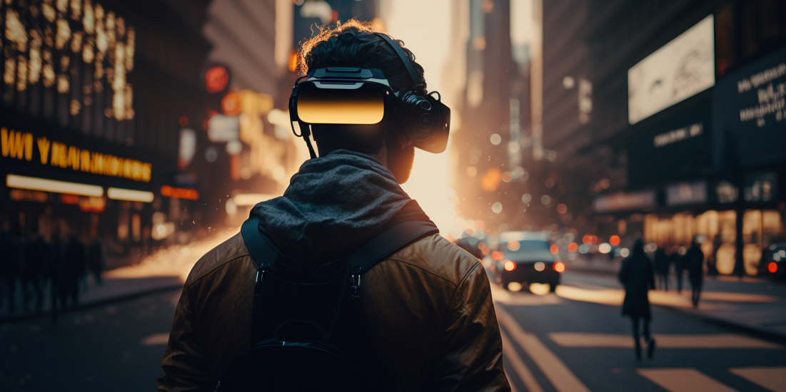Junge mit Augmented Reality Glasses auf den Straßen von New York