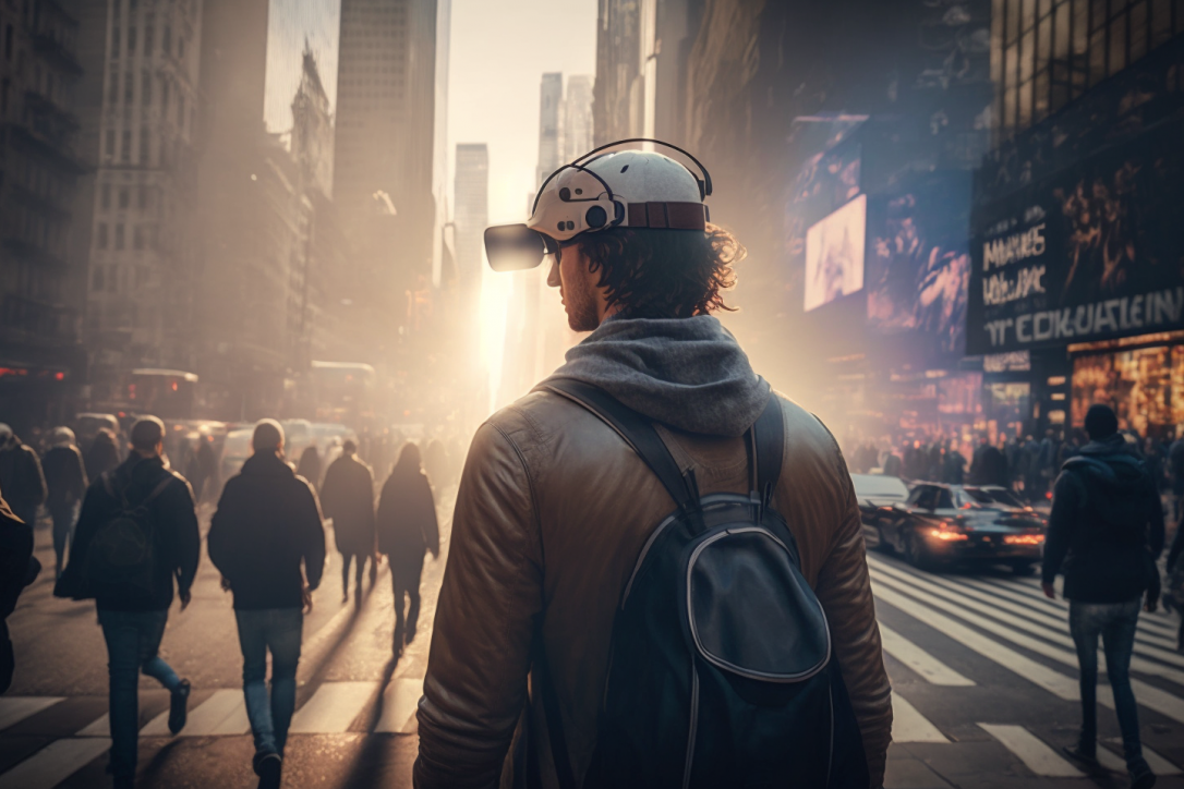Junge mit Augmented Reality Glasses auf den Straßen von New York