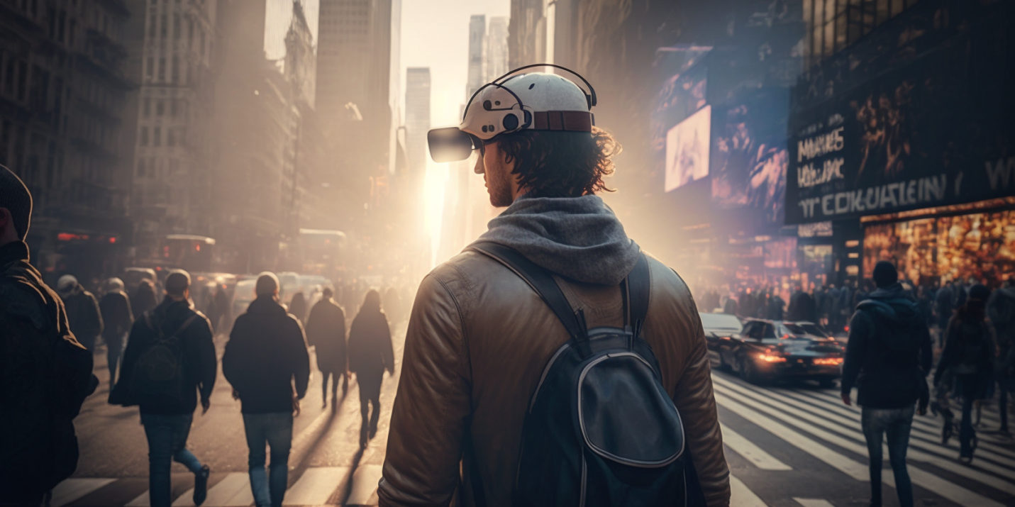 Junge mit Augmented Reality Glasses auf den Straßen von New York