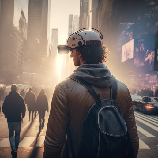Junge mit Augmented Reality Glasses auf den Straßen von New York